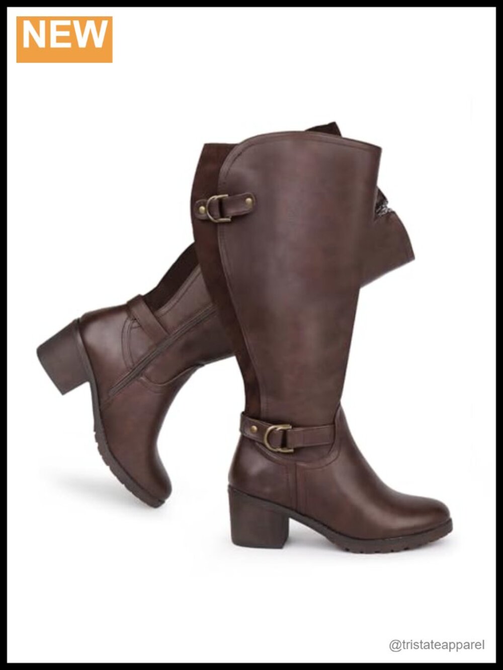 Extra Wide Calf Knee High Riding Boots Block Heel Double Buckle Faux Leather